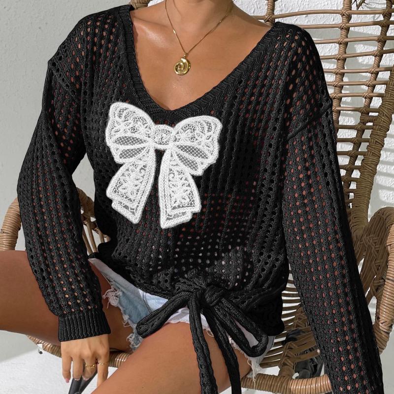 Women's Tops Hollow Blouse Long-sleeved Pullover Tie Butterfly Splicing Woolen Knitted Lazy Style Loose Sweater