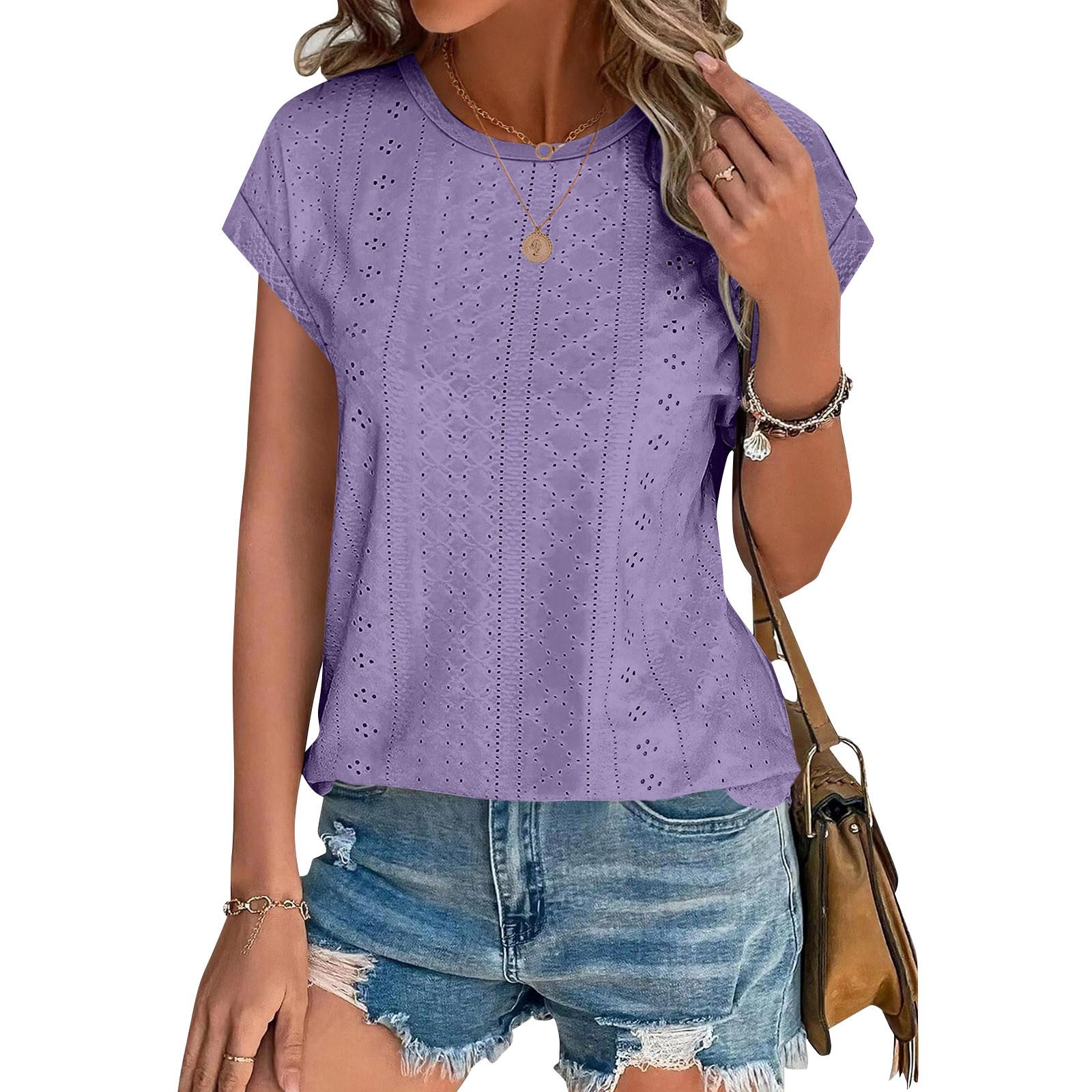 

Женские топы, футболки с коротким рукавом, блузки с принтом, нарядные повседневные ажурные вышивки, летняя модная одежда L фиолетовый