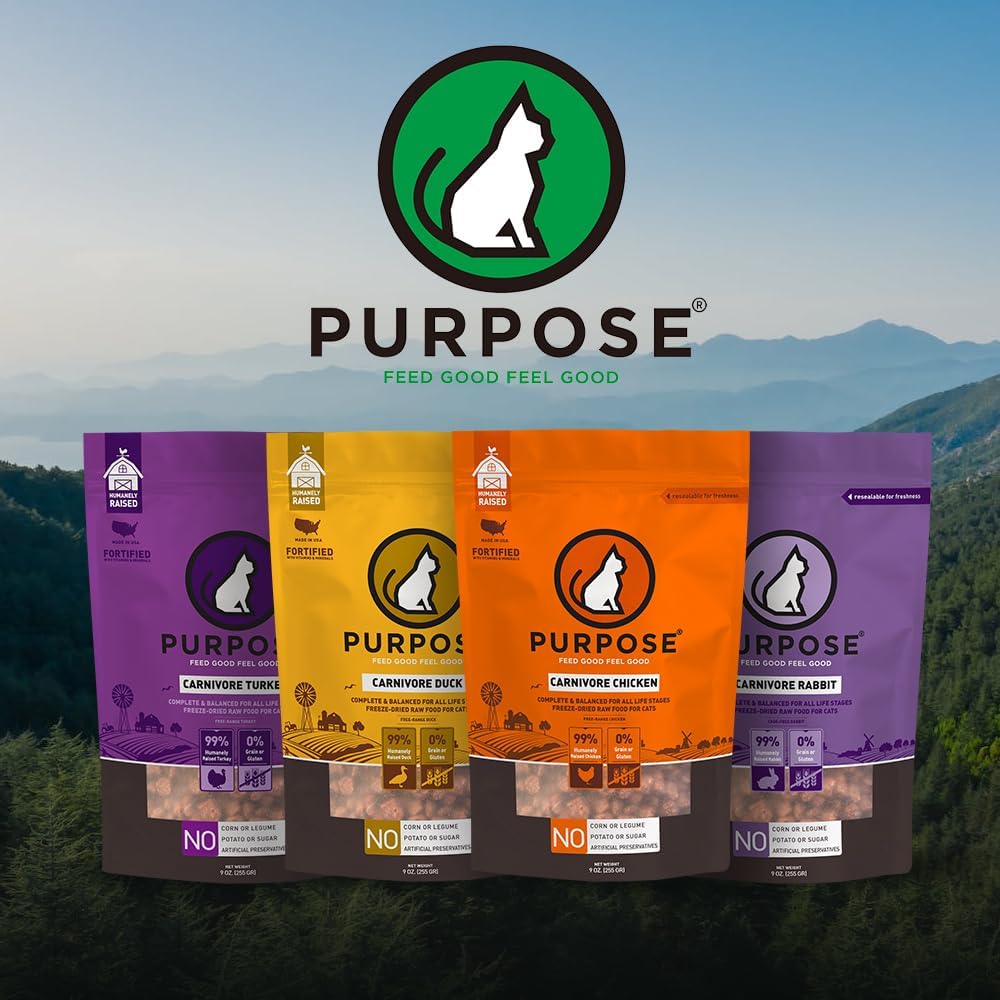 PURPOSE Freeze Dried Raw Cat Food, Grain Free Dry Cat Food, Complete Balanced Meal or Topper, Protein Rich Cat Food for All Breeds and Life Stages,