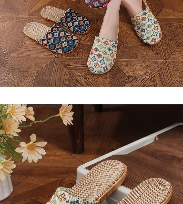Women's Ethnic Floral Linen Sandals - Breathable Toe-Cover Slippers for Home