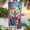 Hummingbirds Floral Harmony Theme Quick Dry Beach Towel Custom Name Text Print Large Sand Resistant Towel Beach Vacation