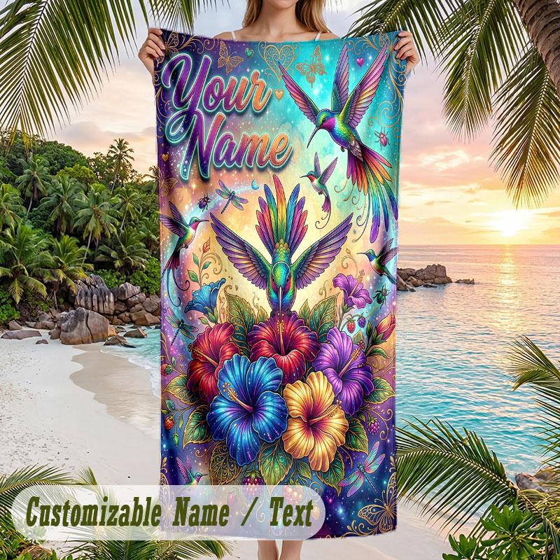 Hummingbirds Floral Harmony Theme Quick Dry Beach Towel Custom Name Text Print Large Sand Resistant Towel Beach Vacation
