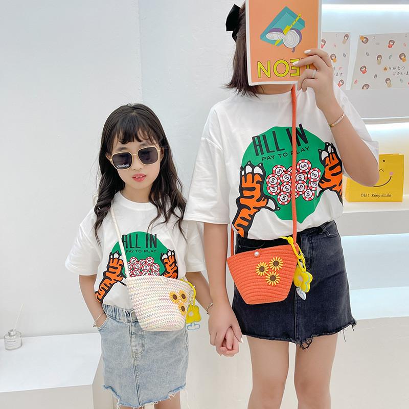 Cute And Modern Children's Woven Tote Bag With Floral Design For Summer Outings