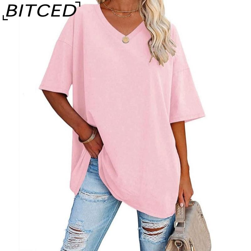 

BITCED Женская летняя однотонная футболка с короткими рукавами и V-образным вырезом свободного кроя больших размеров XXL розовый