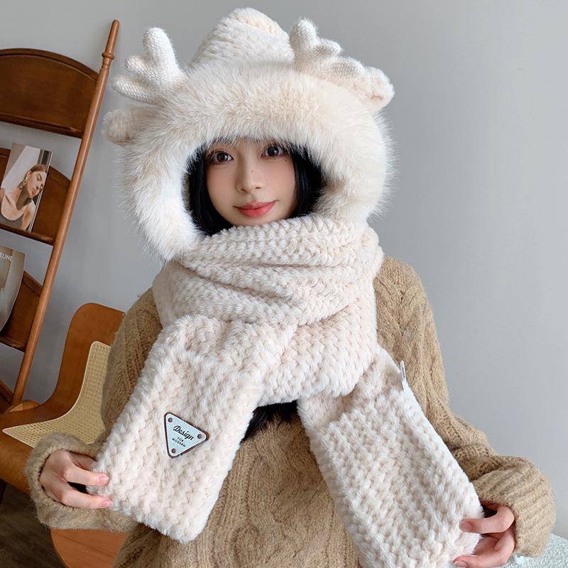 Hat Women's New Winter Cute Scarf Gloves Plush Hat Integrated Thickened Warm Elk Hat Three-piece Set