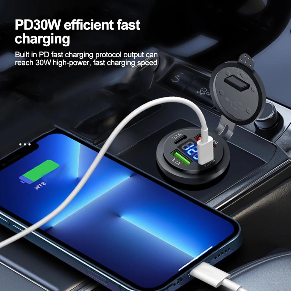 4 Port Car Charger Socket PD 30W Fast Charging Dual USB+Type C Outlet Phone Power Adapter with Voltmeter for Motorcycle Truck Boat