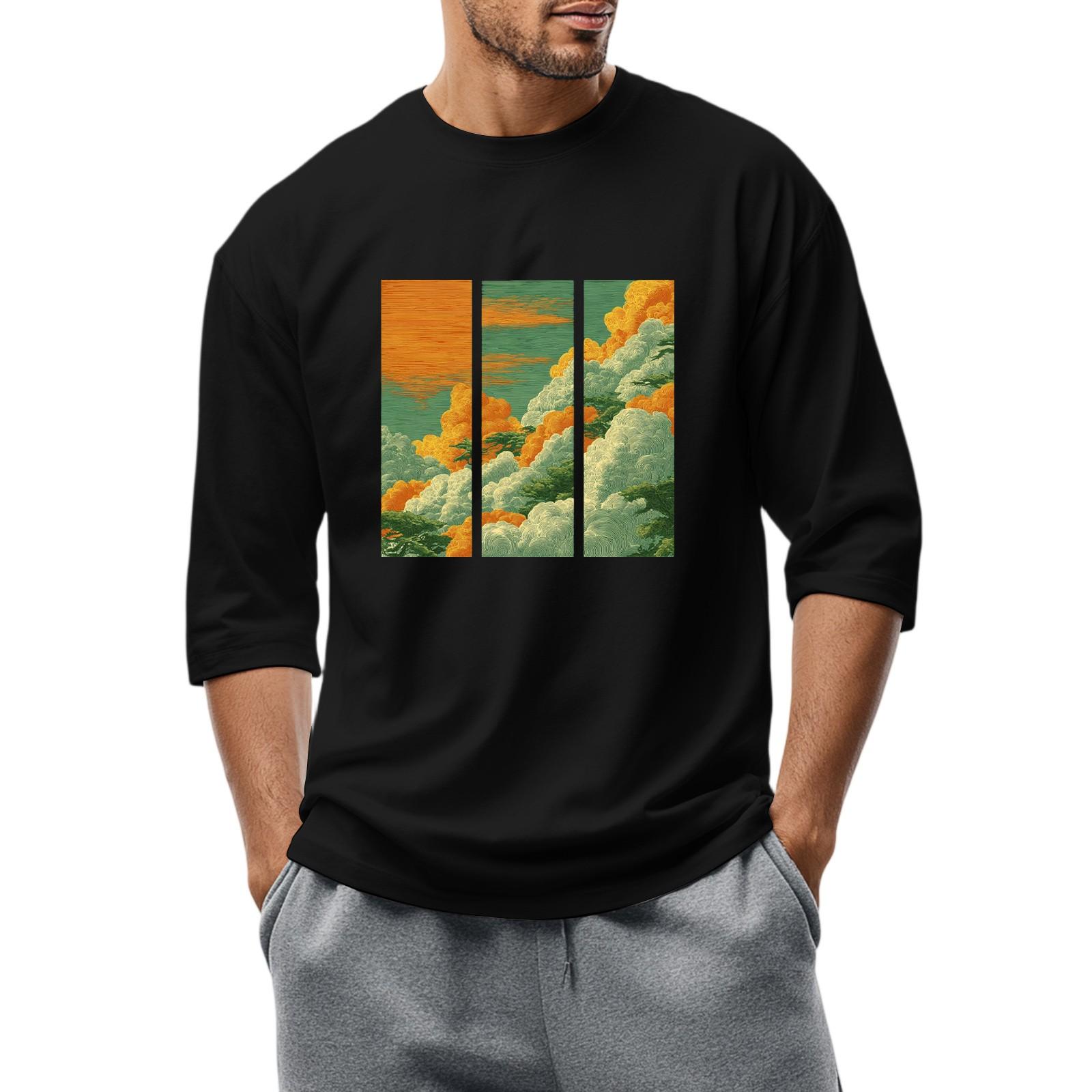 

Мужская повседневная модная футболка с круглым вырезом и рукавом три четверти S чёрный