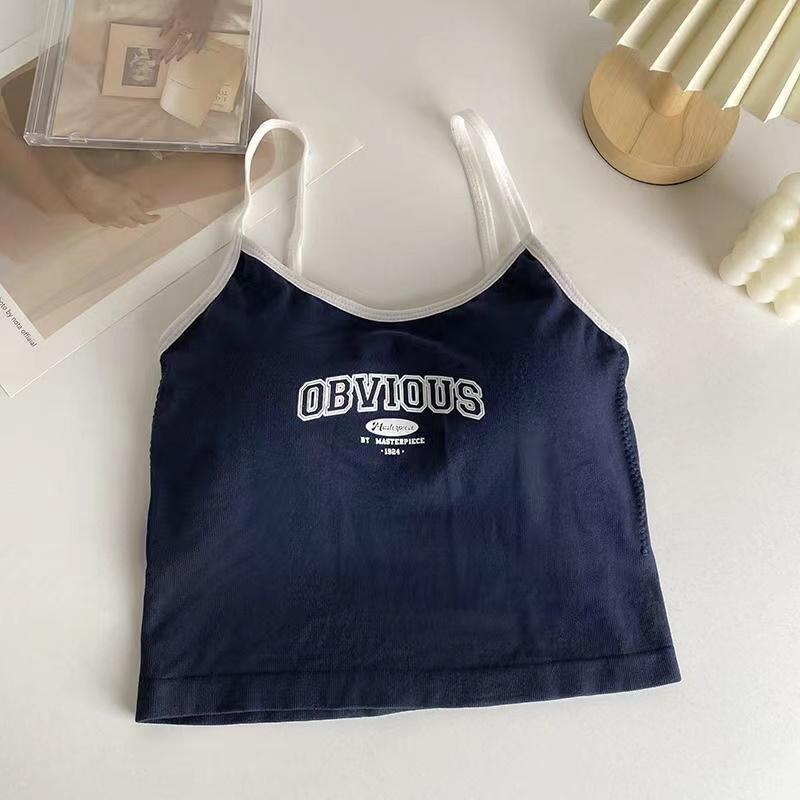 

Женские укороченные топы с бюстгальтером с подкладкой, однотонные укороченные топы с круглым вырезом, летние топы с буквенным принтом 2024 года, спагетти-камисоль One Size синий