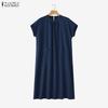 ZANZEA Women Casual Round Neck Solid Color Loose Short Sleeve Dress