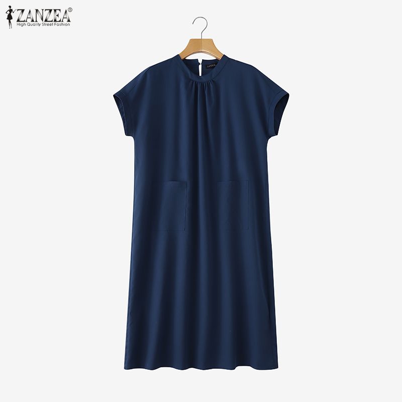 ZANZEA Women Casual Round Neck Solid Color Loose Short Sleeve Dress