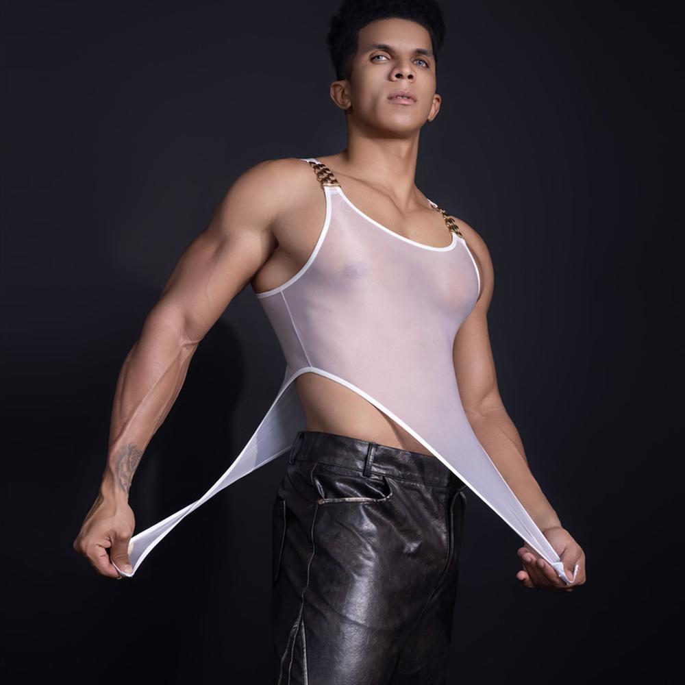Sexy Herren Durchsichtiger Bodysuit mit offenem Schritt Hoher Schnitt Elastisches Weste Korsett Former Öl Glänzend Glänzend Yoga Gay Wear Zimmermädchen Leotard