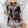 A New Summer Women's Dress with A Printed V-neck and Three-quarter Sleeves, Tied and Cinched Waist