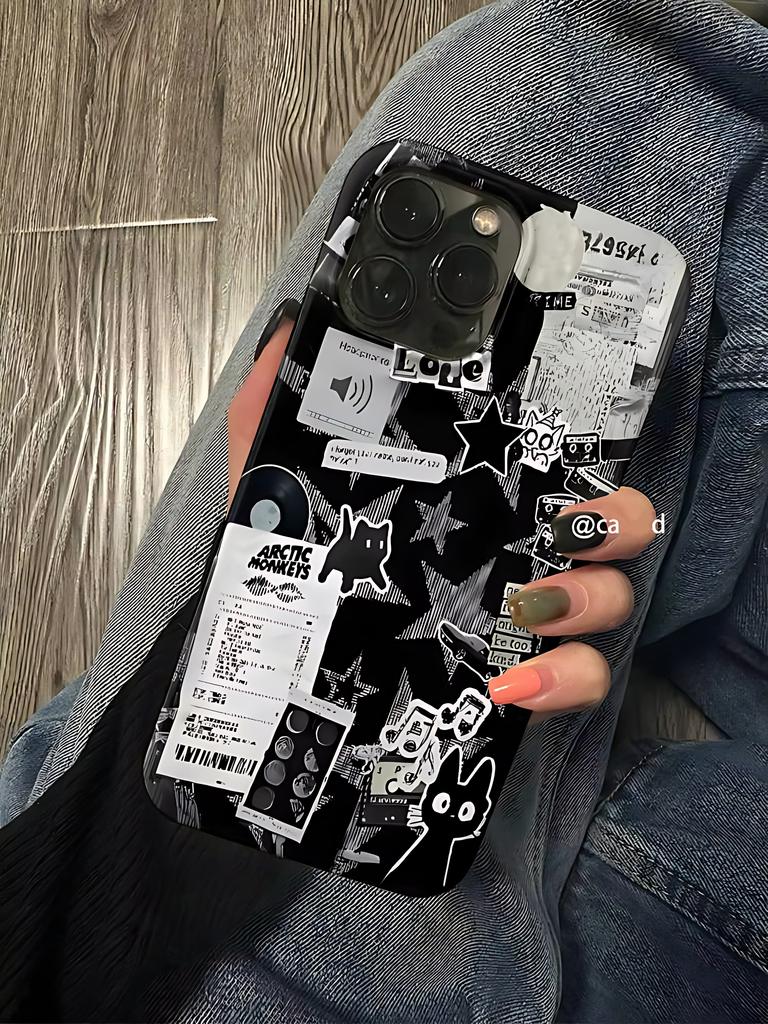 Ins Style Black White Stickers Phone Case for iPhone 17 16 15 14 13 12 11 Air Pro Max X XS XR 7 8 Plus Glossy Film Hard PC Cover