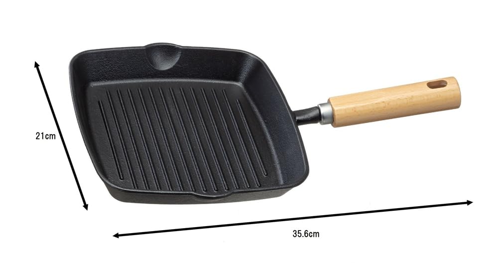 Ishigaki Cast Iron Grill Pan, Outdoor, Wave and Square, Wooden Handle, Induction Compatible, 4564