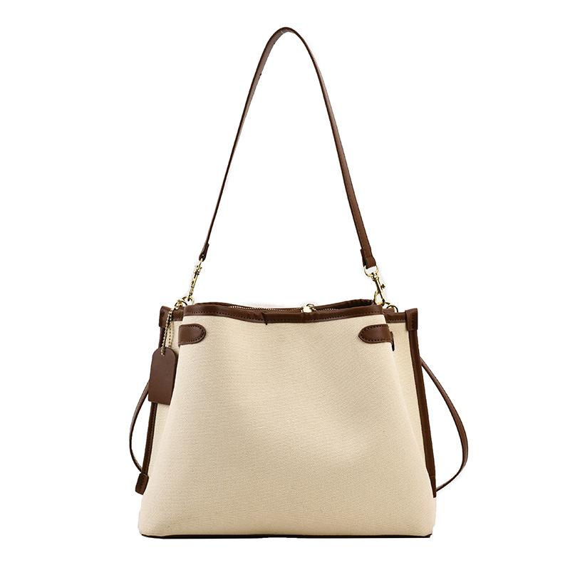 Vysoce kvalitní dámská crossbody taška Módní kontrastní barva Patchwork Velká kapacita Dámská plátěná taška ve tvaru kbelíku Klasická retro kabelka