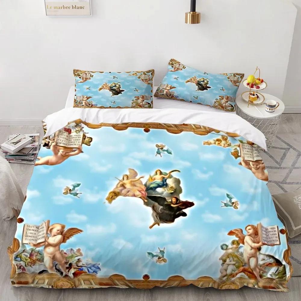 Angel  Oil Painting Bedding Set Ancient Art Duvet Cover Cartoon Warm Bed Quilt Cover Kids Bedroom Bed Cover Set Green