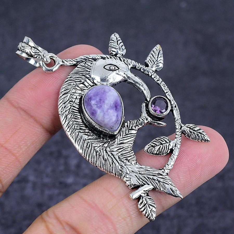 Lepidolite, Amethyst Handmade 925 Sterling Silver Jewelry Pendant 2.56" O9a88