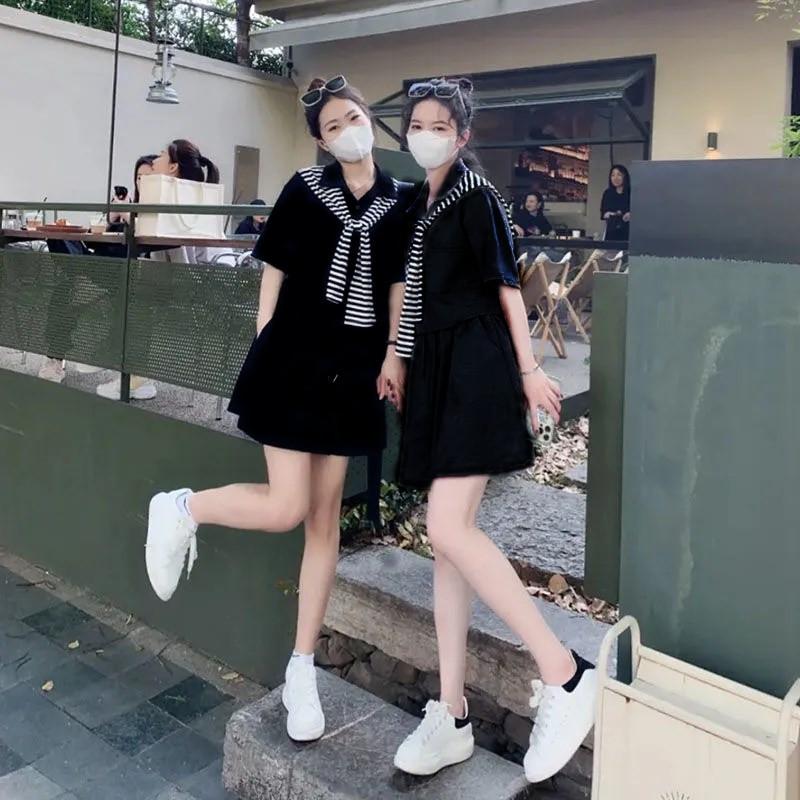 

Women s Casual Mini Dress With Striped Scarf Short Sleeve T-Shirt Dress Summer Streetwear L чёрный