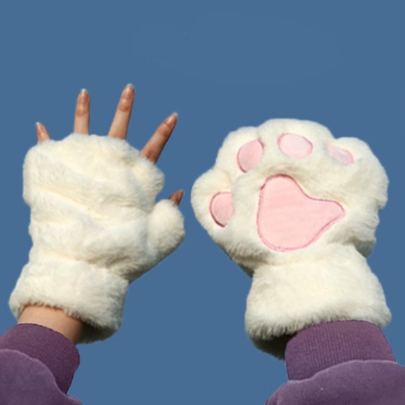 Cartoon Winter Gloves Women's Bear Plush Cat Paw Claw Gloves Cute Short Fingerless Fluffy Bear Claw Mittens For Girls Gift Party