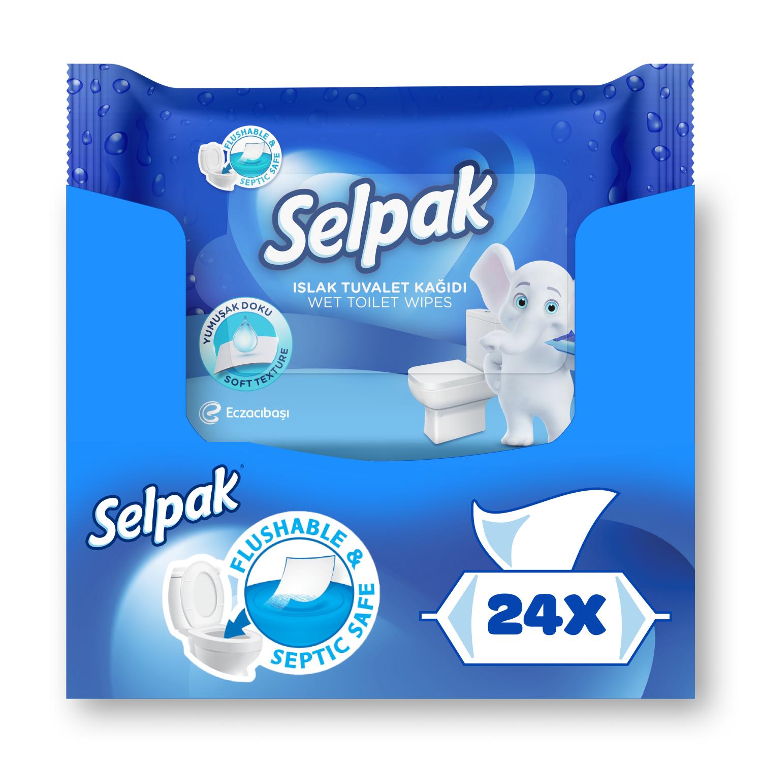 Papier toilette humide Selpak pour adultes, disponible pour le papier toilette humide de voyage, papier toilette de camping 100 % cellulose pure, paquet de 24