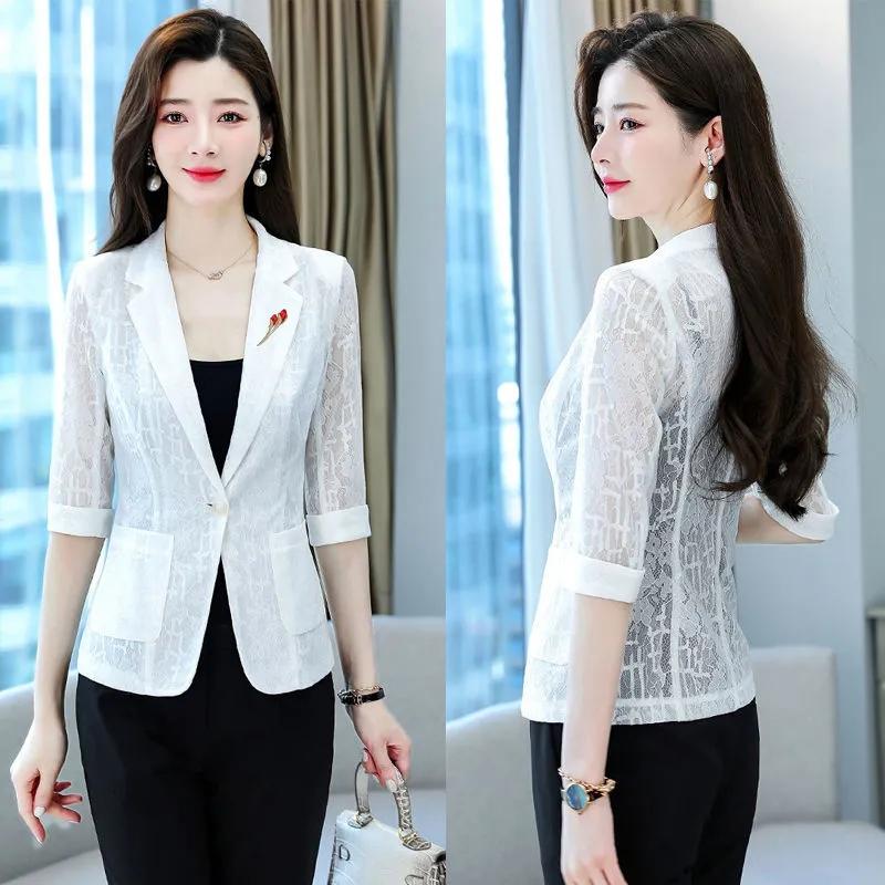 White Sunscreen Coat Women's Spring and Summer Casual Short Style with Lace Suit Thin Casual Top