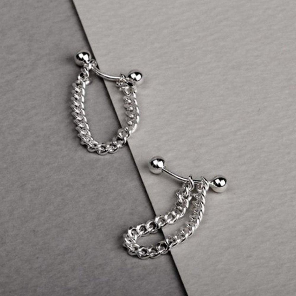 

[Aslit] Banana Piercing Chain Earrings Silver 925 Fashion Barbell