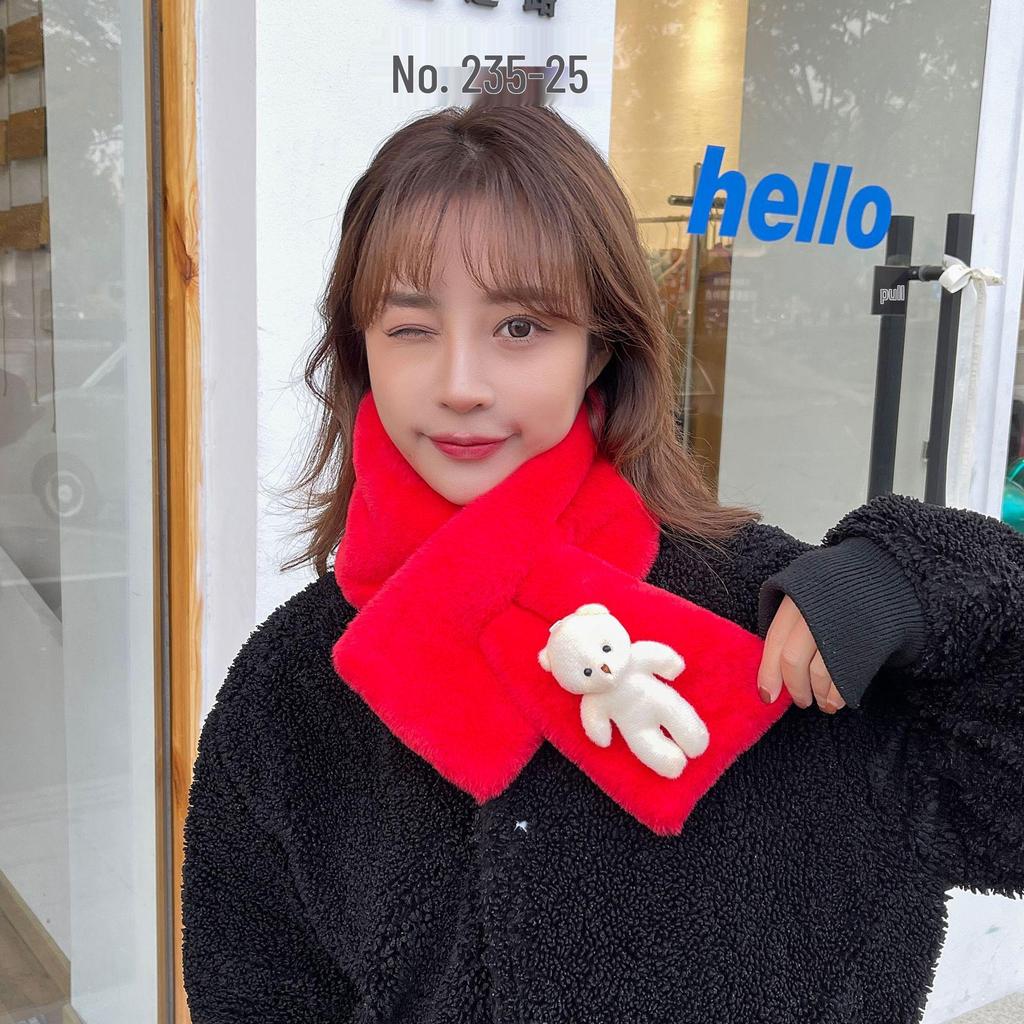 Women's Cute Korean-Style Plush Bear Scarf - Warm & Versatile for Autumn/Winter