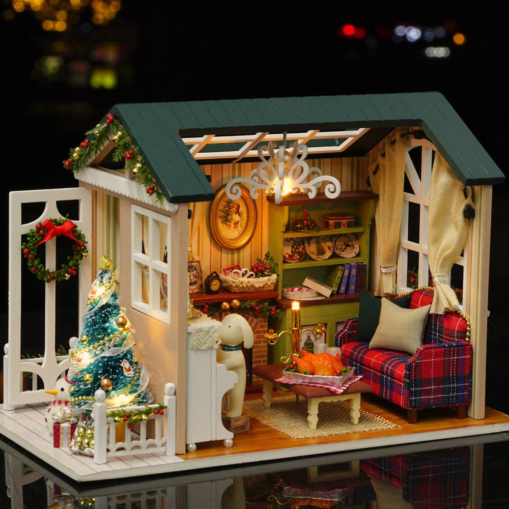 DIY Christmas Miniature Dollhouse Kit Xmas Mini 3D Wooden House Room Craft For Children's Day Birthday Gift Christmas Decoration