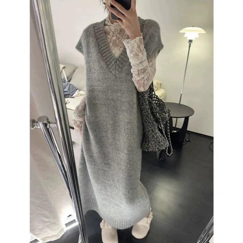 Autumn and Winter New Gentle Wind Solid Color Medium and Long Vest Sweater Skirt Women's Loose Lazy Wind Knitted Dress