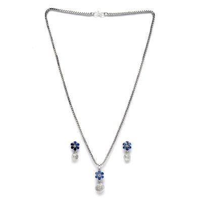 Rhodium-Plated Silver Toned Green Cubic Zirconia Studded Floral Shaped Cute Pendant with Earrings Jewellery Set for Girls and Women (Green)