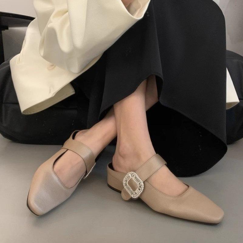 Fashion Women Design Silver  Jane Half Slippers Pointed Toe Sandals 2025 New Flip Flops Summer Casual Dress Mules