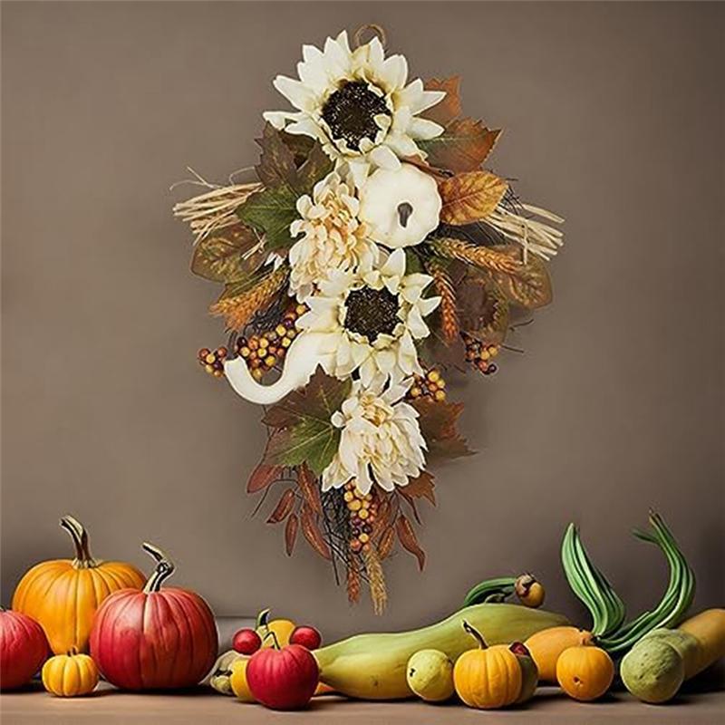 M-Modern-Artificial Pumpkins Wreaths White Pumpkin Maple Leaf With Leaves Flower Fall Door Garland Thanksgiving Theme