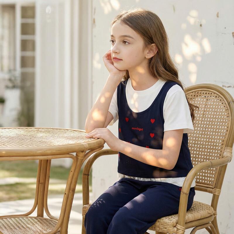 Mengtejiao Girls' Heart Embroidered Short Sleeve T-Shirt