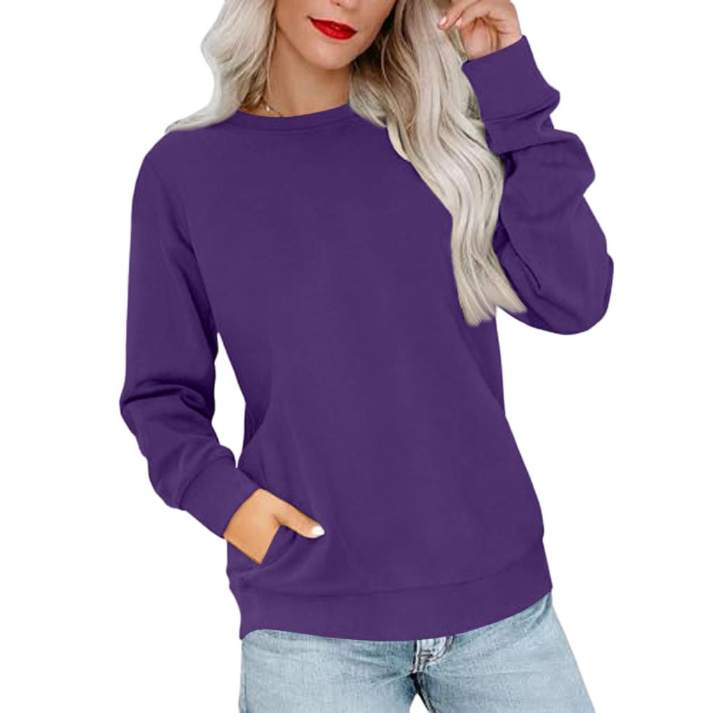 Women's Casual Fashion Solid Color Neck Long Sleeve Sweatshirt Lightweight Pullover With Side Pockets Warm Sweatshirt