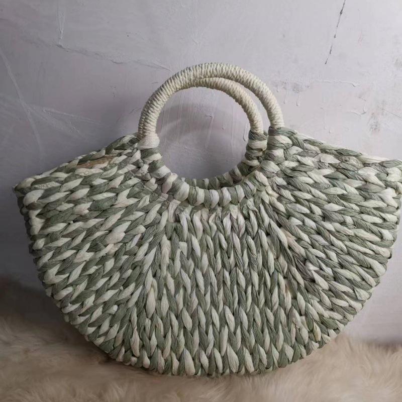 Fashionable Pastoral Style Round Straw Handbag - Colorblock Half-Moon Design for Women