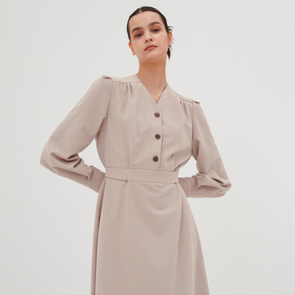 Acud V-Neck Long Sleeve Shirt Dress _Beige