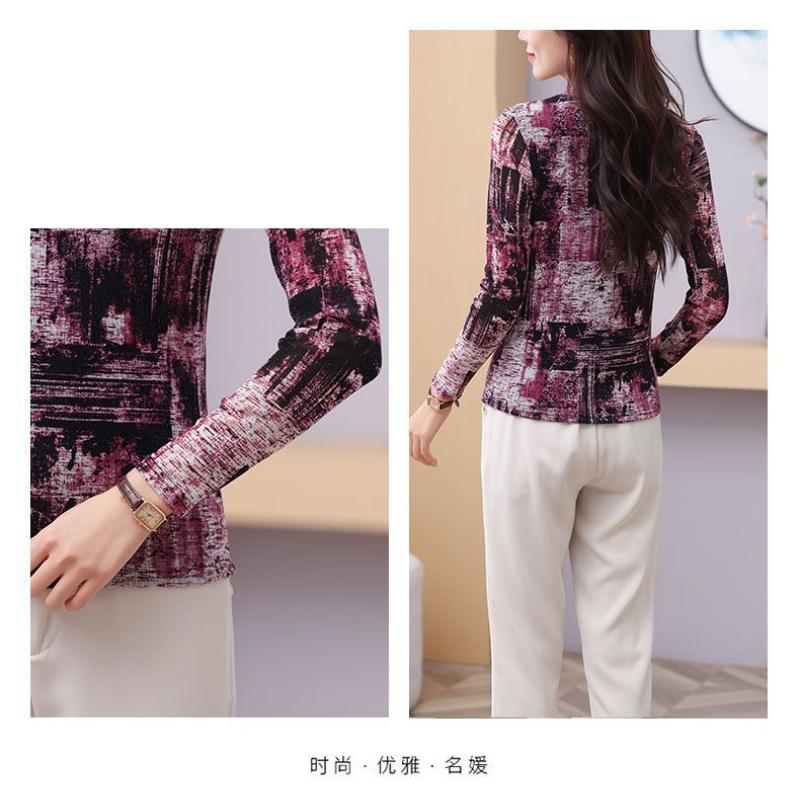 Half Turtleneck Mesh Bottoming Women's Autumn New Style Slim Stretch Printed T-shirt Long-sleeved Sexy Lace Top