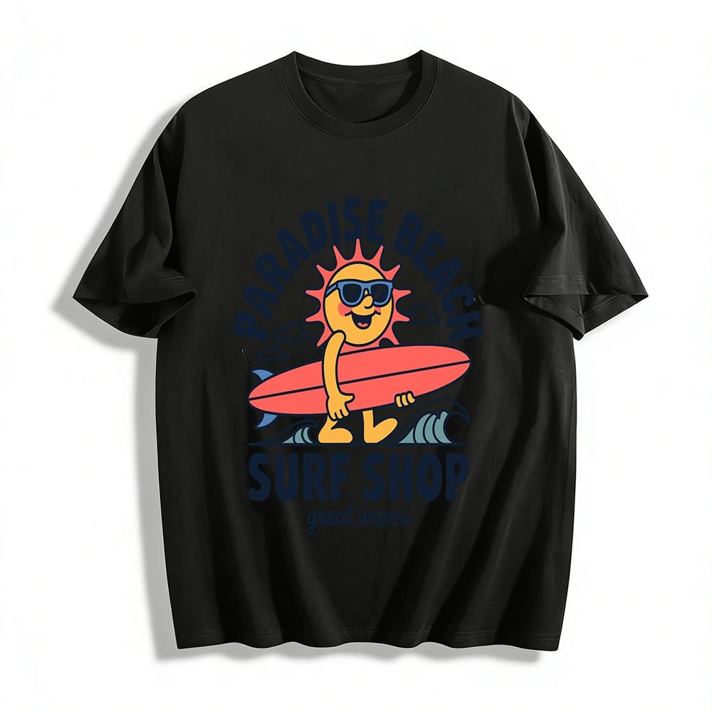 

Paradise Beach Surf Shop Graphic Tee Great Waves Surfing Top Pure cotton T-shirt XXS