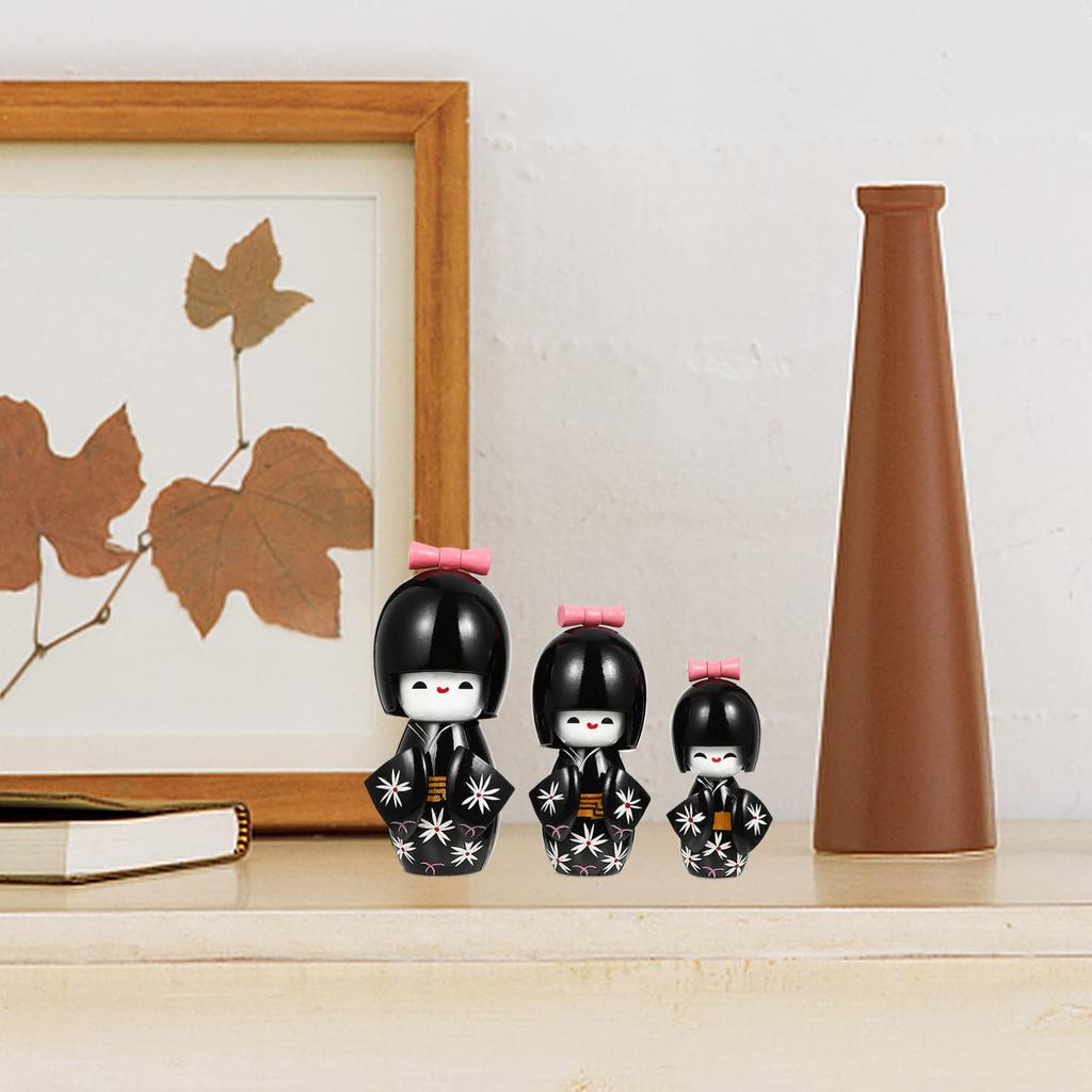 Kimono Japonez Păpuși Kokeshi cu Flori de Cireș Kimono Kokeshi Drăguț din Lemn Set Japonez de 3 Ornament Decorativ pentru Designul Camerei, Păpuși, Suvenir,