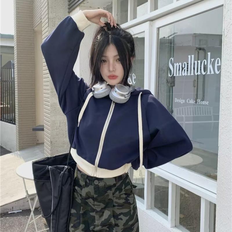 Women's Retro Color-Block Hooded Zipper Sweatshirt - Autumn/Winter 2023 Collection
