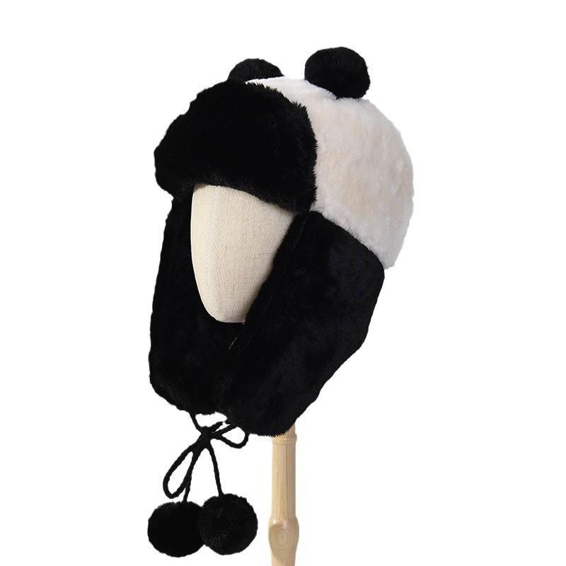 Cute Black White Panda Faux Fur Earflap Beanie Hat Women Winter Warm Ski Cap Student Style