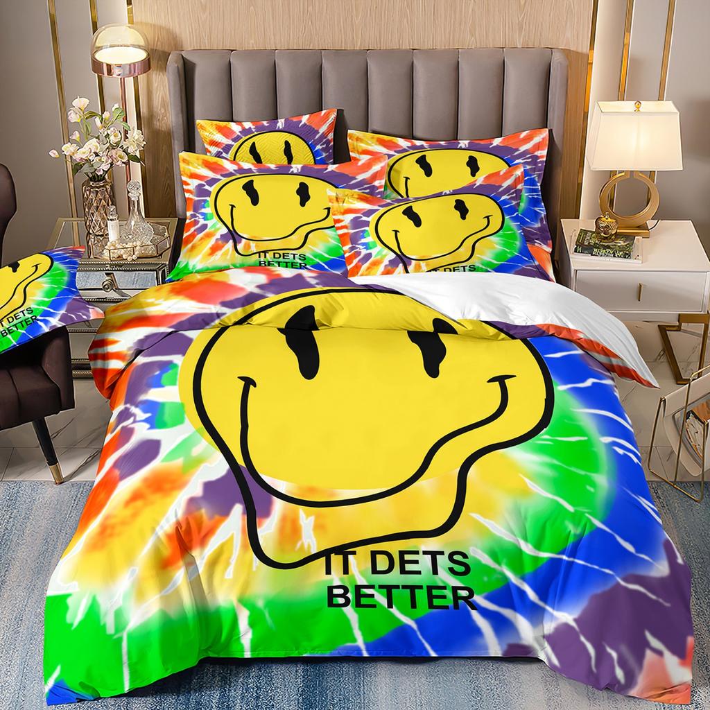 Smiling Face Graffiti Bedding Set Themed Colorful Print Microfiber Student Dormitory Bed Sheet Duvet Cover Kid Gift Home Textile