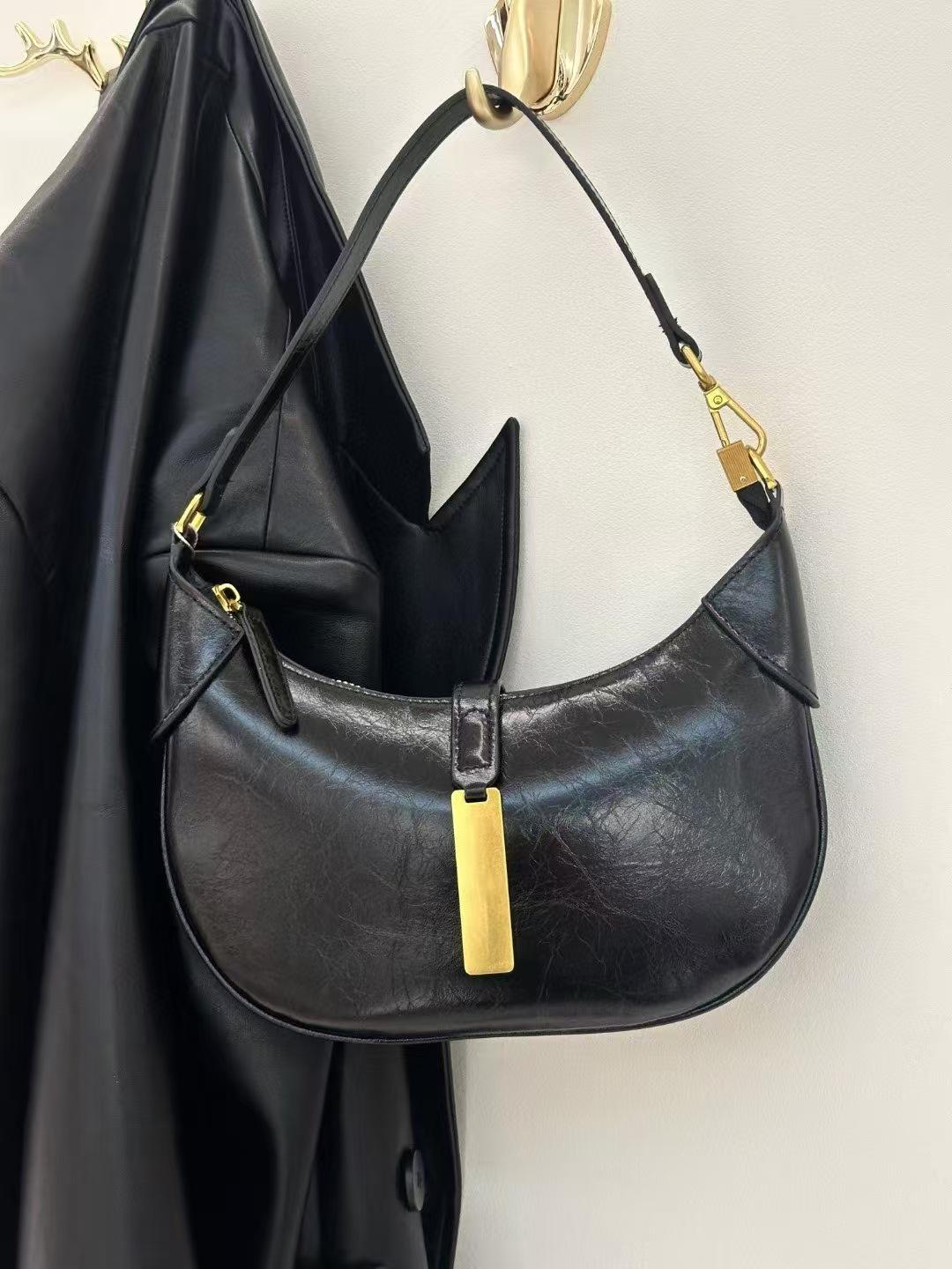 Women s Spring/Summer 2025 Croissant Crescent Leather Handbag - Fashionable Niche Underarm Dumpling Bag. 23cm Length, 4cm Width, 17cm Height чёрный