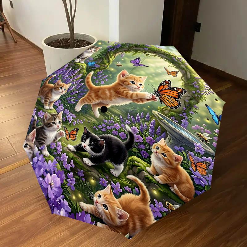 1PC Kittens, Butterflies Umbrella-8-Rib Reinforced Portable Folding Travel Suitable for All Seasons Outdoor Daily Use Is an Ideal Choice -K0379