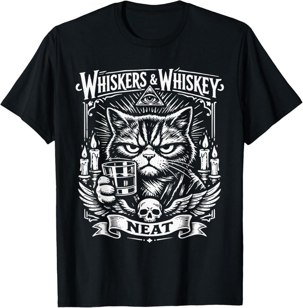 Vintage Whiskers and Whiskey Neat Cat Lover Bourbon Drinker T-Shirt