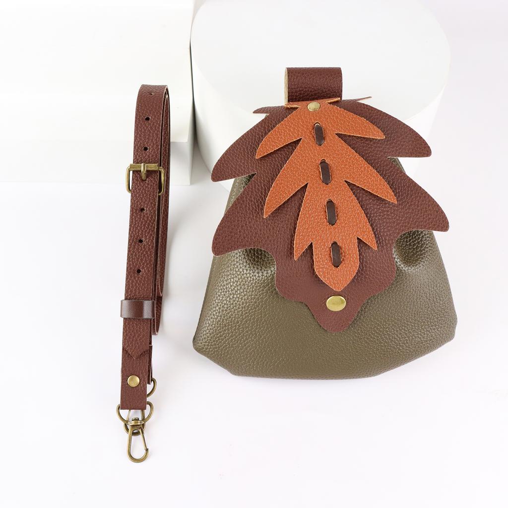 Two-piece Medieval Viking Plain Faux Leather Belt Crossbody Leaf Waist Bag Alchemist Suit Belt Role Play Accessories
