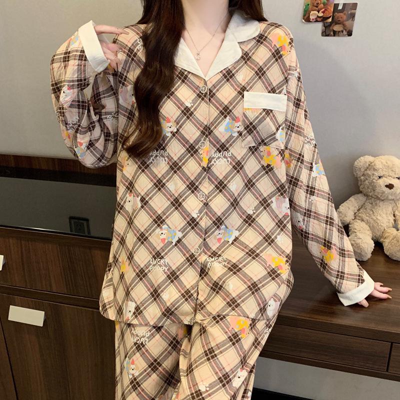 Cloud Cotton Korean Style Striped Plaid Pajama Set: Long Sleeve Cardigan & Pants for Indoor/Outdoor Wear, Real Shot.