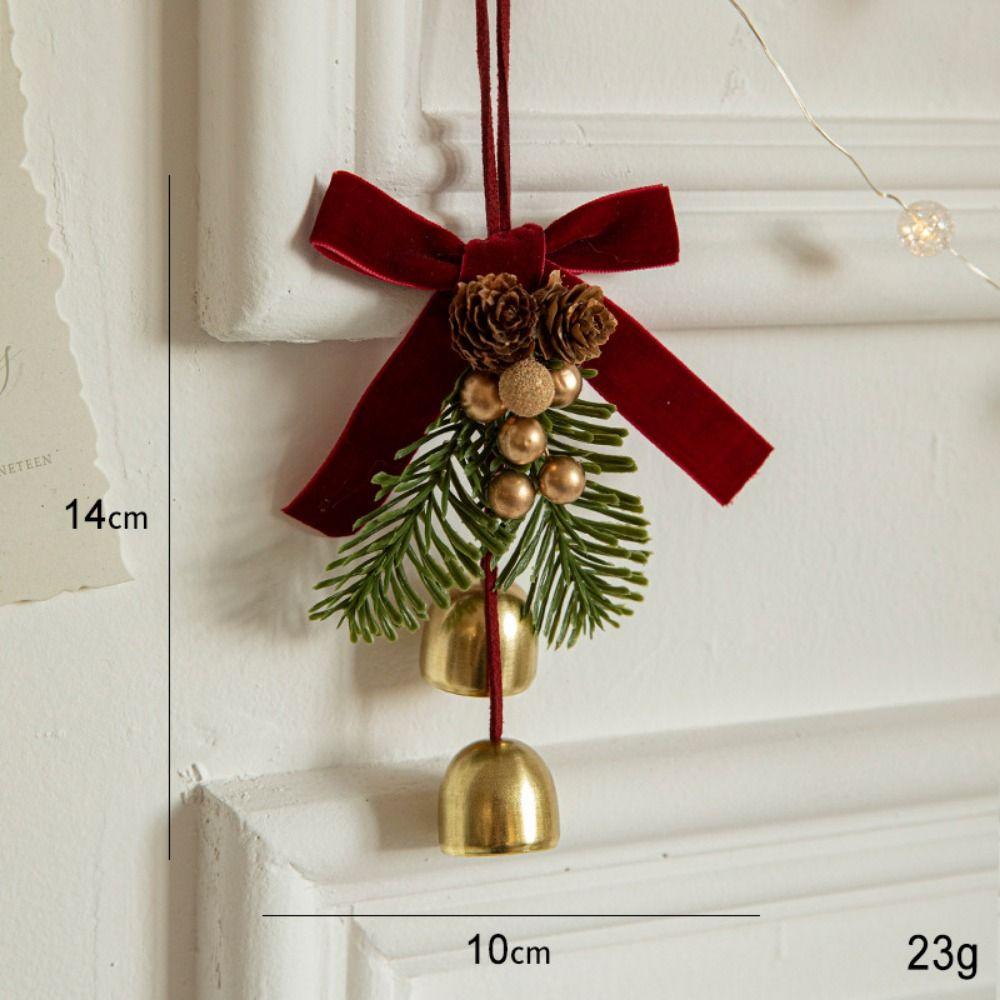 New Christmas Red Velvet Bow Pendant Fabric Gold Tree Hanging Ornament Pine Cone Bell Decoration Supplies Small Bell Pendants
