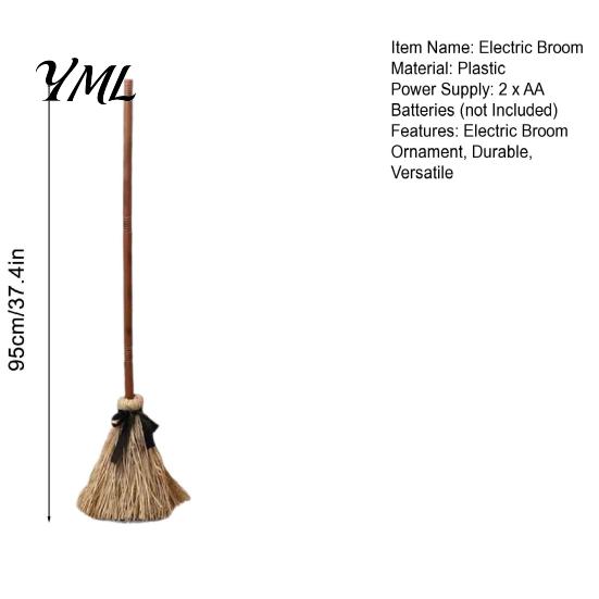Interactive Halloween Window Display Electric Broom Toy, with Touch Activated Swinging Prop, Retro Realistic Silk Witch Straw Broom, for Party