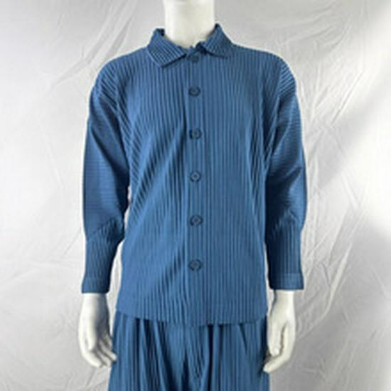 Men's Loose Fit Miyake-Style Pleated Polo Shirt - Solid Color, Long Sleeve, Classic Japanese Design